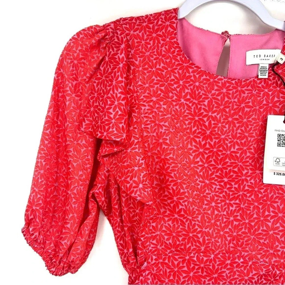 Ted Baker London Geometric Floral Print Puff Sleeves Midi Dress Size 8 US - Picture 3 of 11